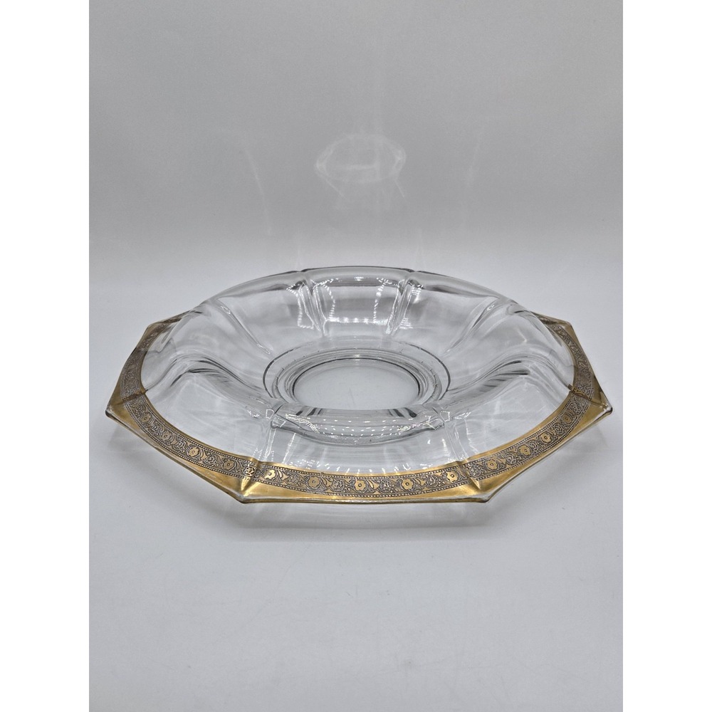 Tiffin Franciscan Clear Glass Console Bowl Gold Encrusted Floral Rim 13"